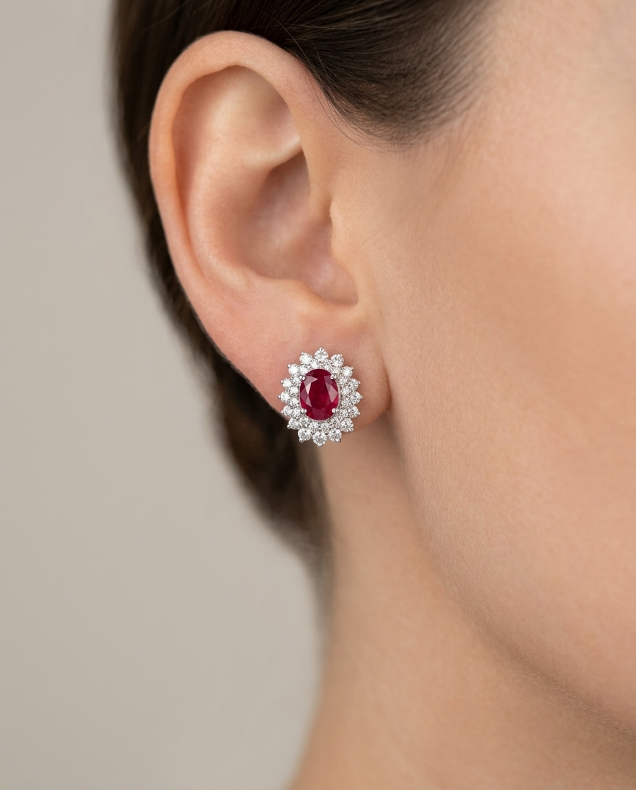 18KT White Gold Ruby and Diamonds Earring on model