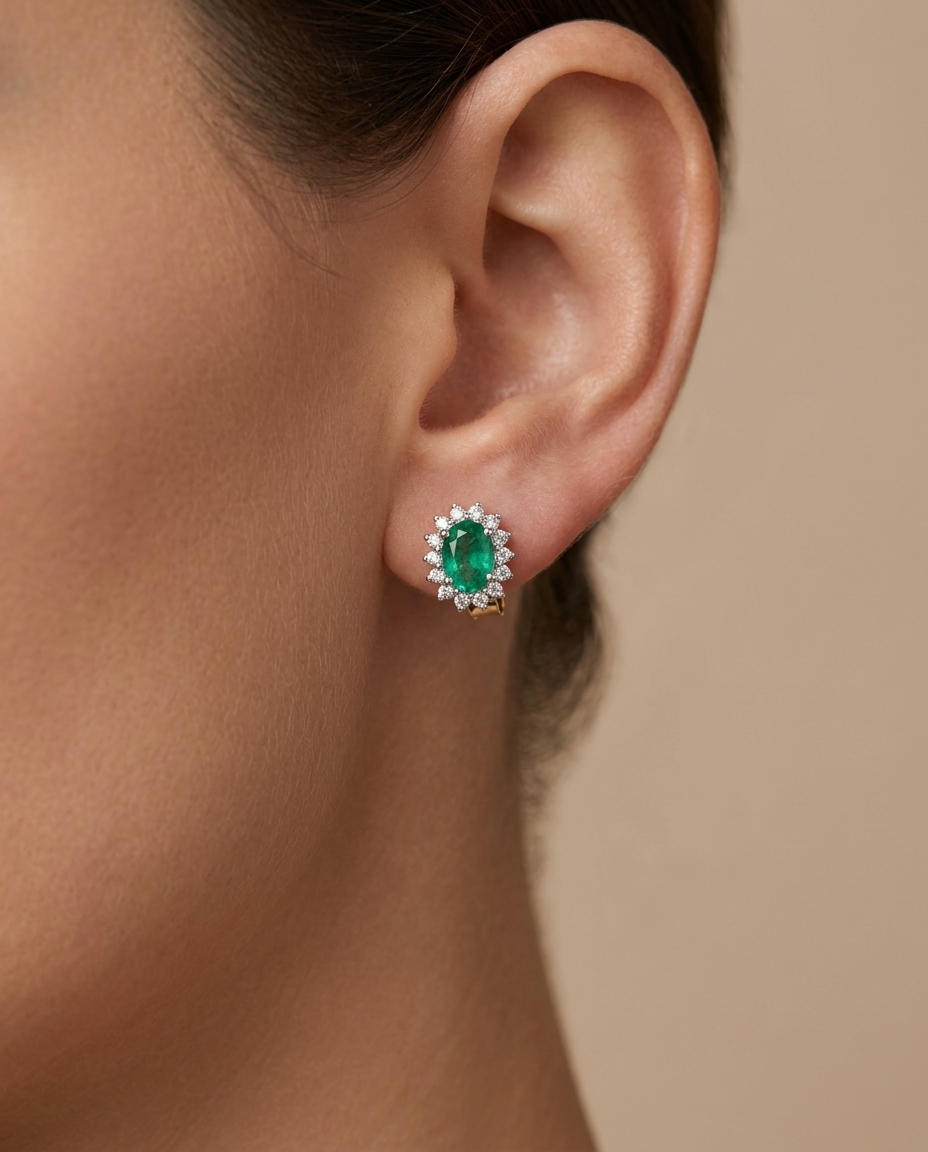 18KT White Gold Emerald and Diamond Earring on model