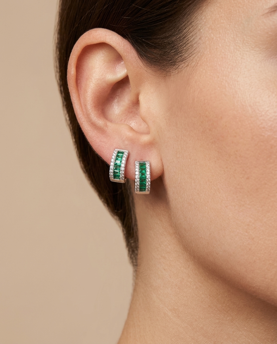 18KT White Gold Diamond and Emerald Hoop Earring on model