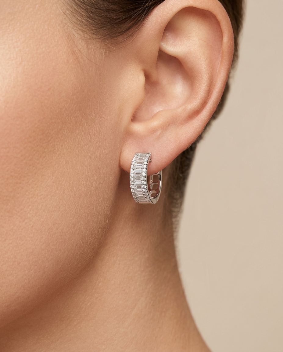 14KT White Gold Diamond Huggies on model