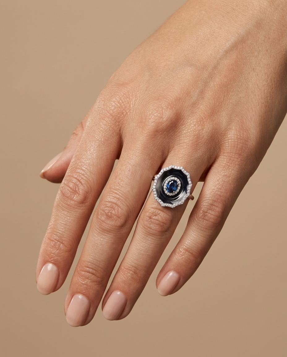 18KT White Gold Blue Sapphire and Diamond Enamel Ring on model