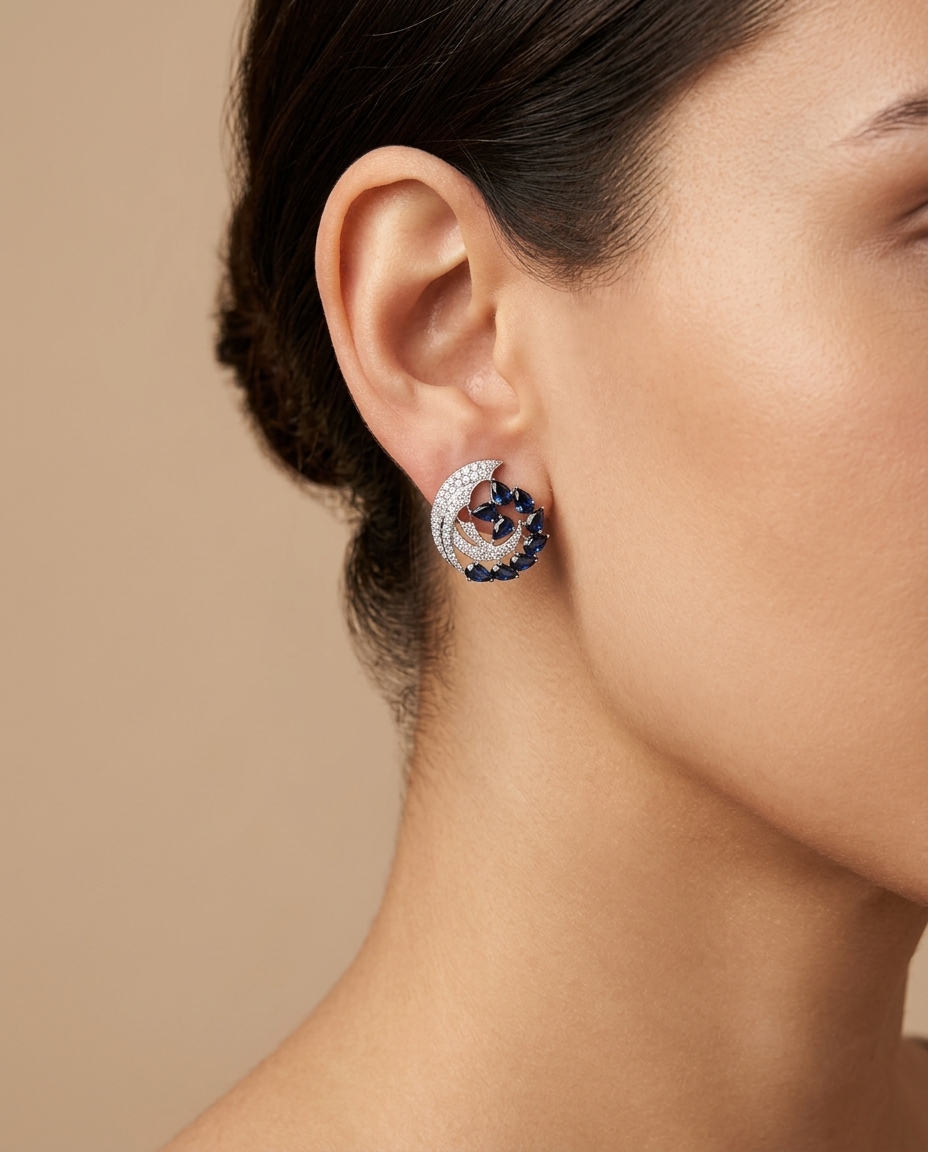 18KT Gold Blue Sapphire with Diamonds Earing on model