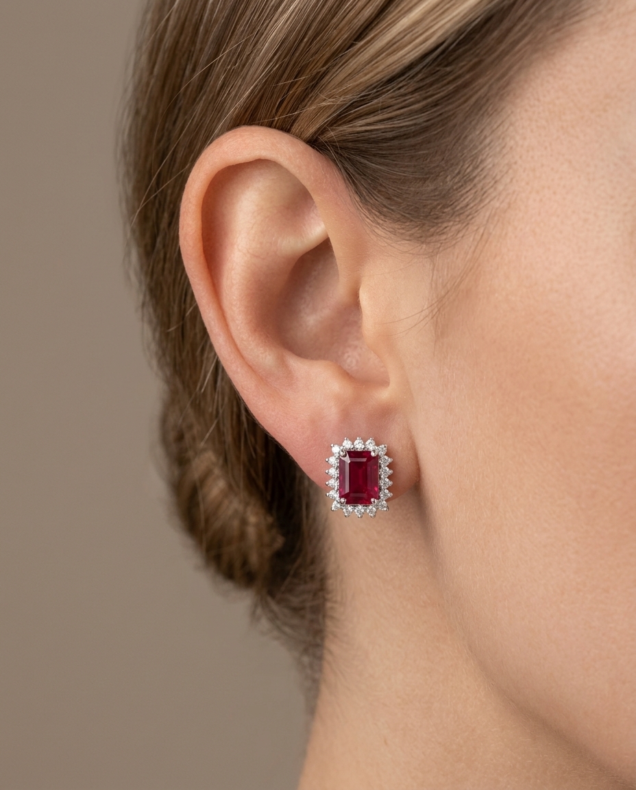 18KT White Gold Ruby and Diamonds Earring on model