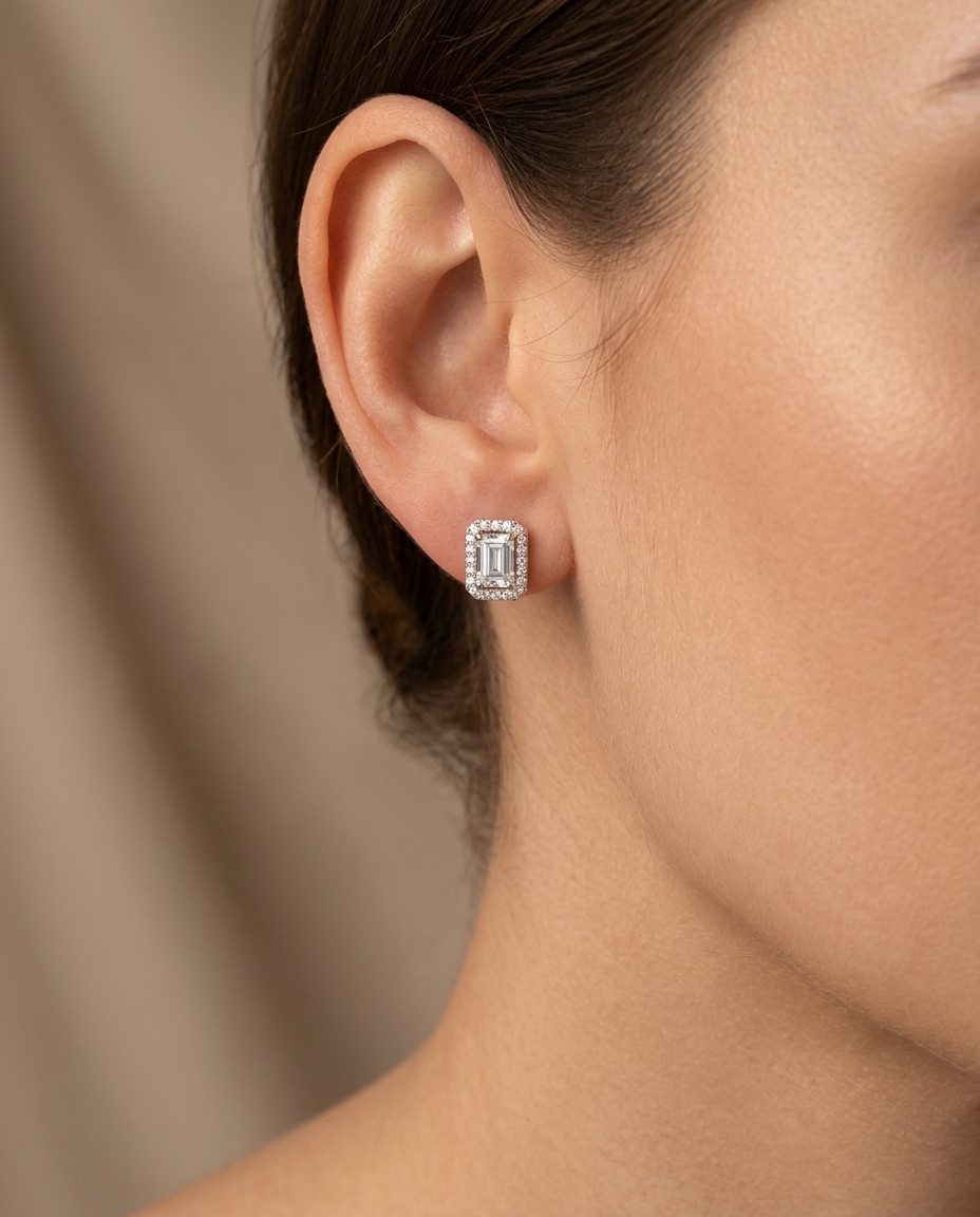 18KT White Gold Diamond Earring on model