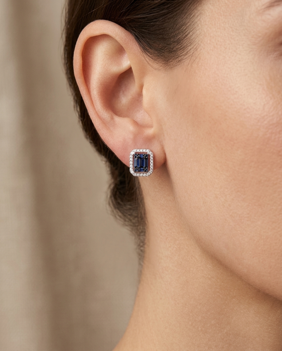 18KT White Gold Sapphire and Diamonds Earring on model