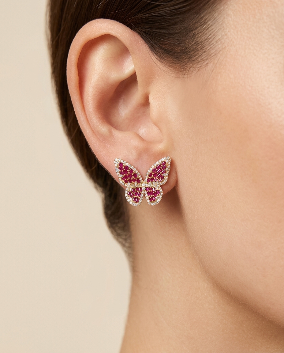 14KT Yellow Gold Diamonds and Ruby Butterfly Earring on model