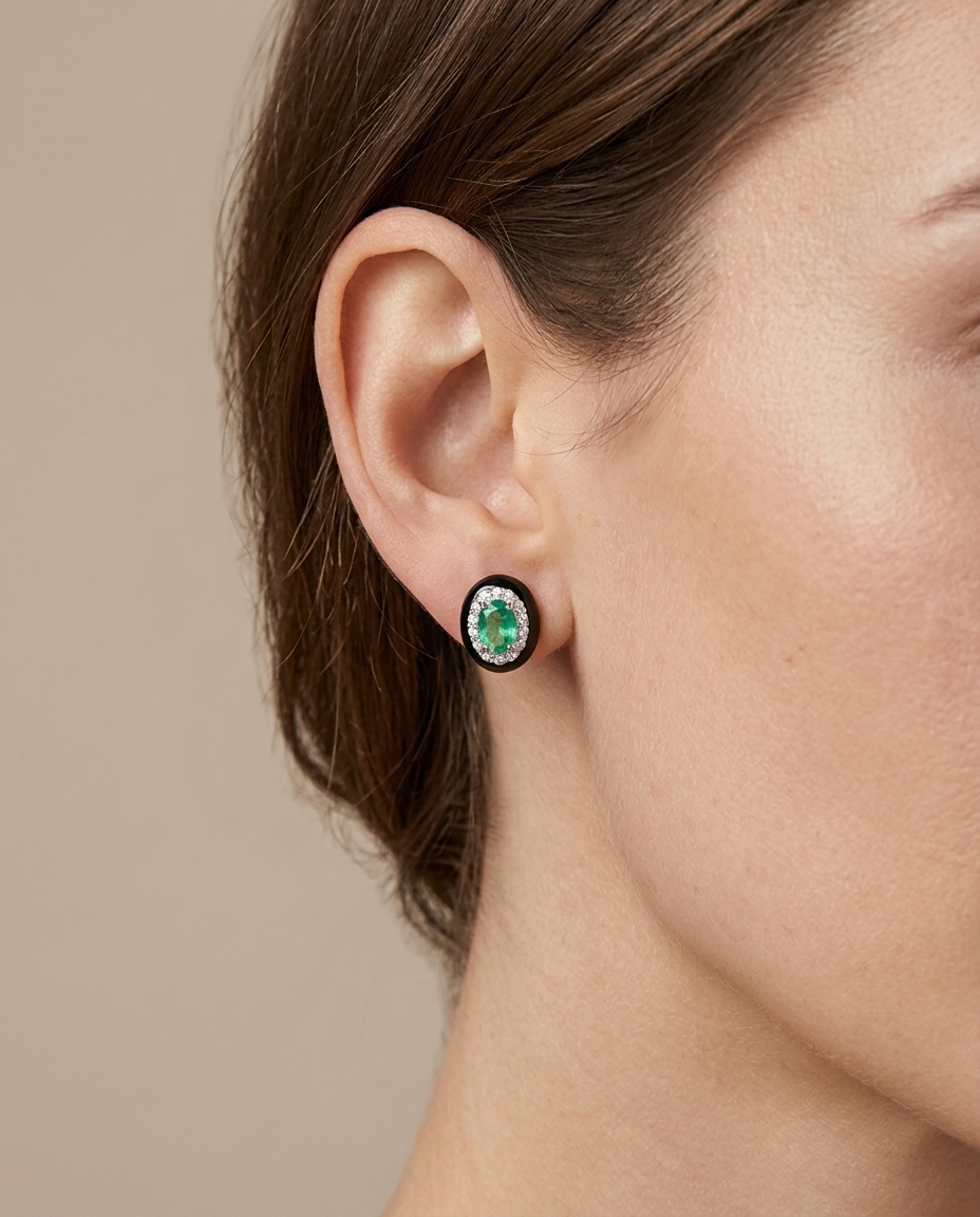 18KT Gold Emerald and Diamonds Black Enamel Earring on model