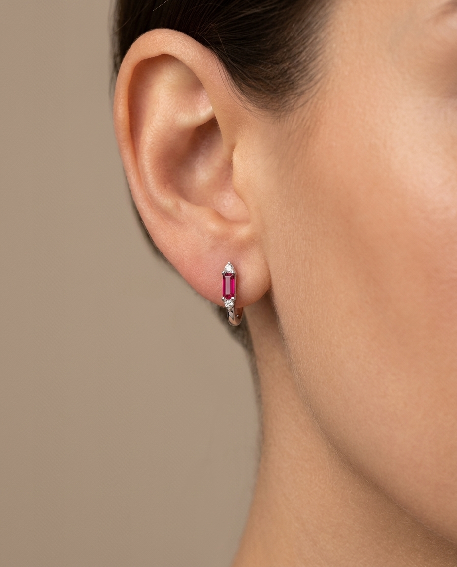 18KT White Gold Ruby and Diamond Earring on model