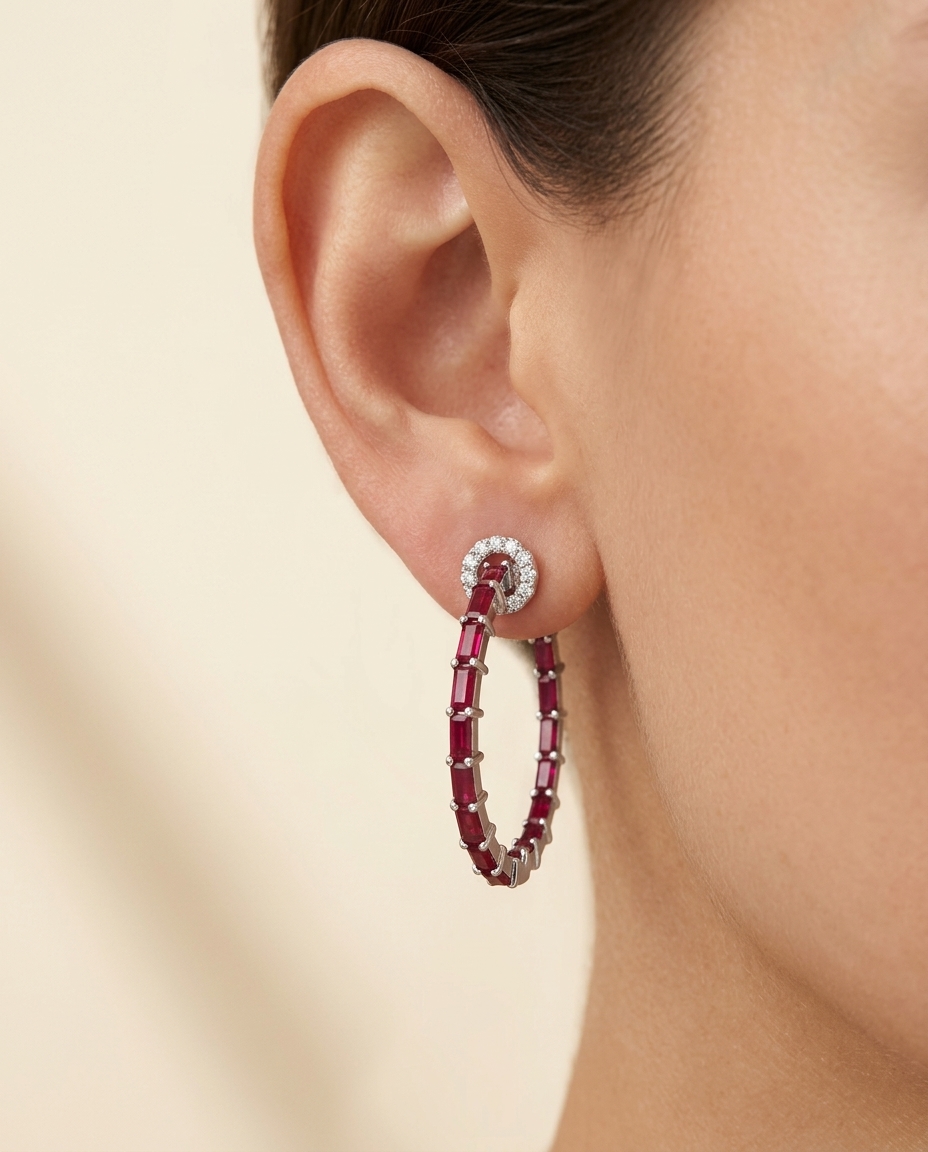 14KT White Gold Ruby and Diamonds Hoop Earing on model