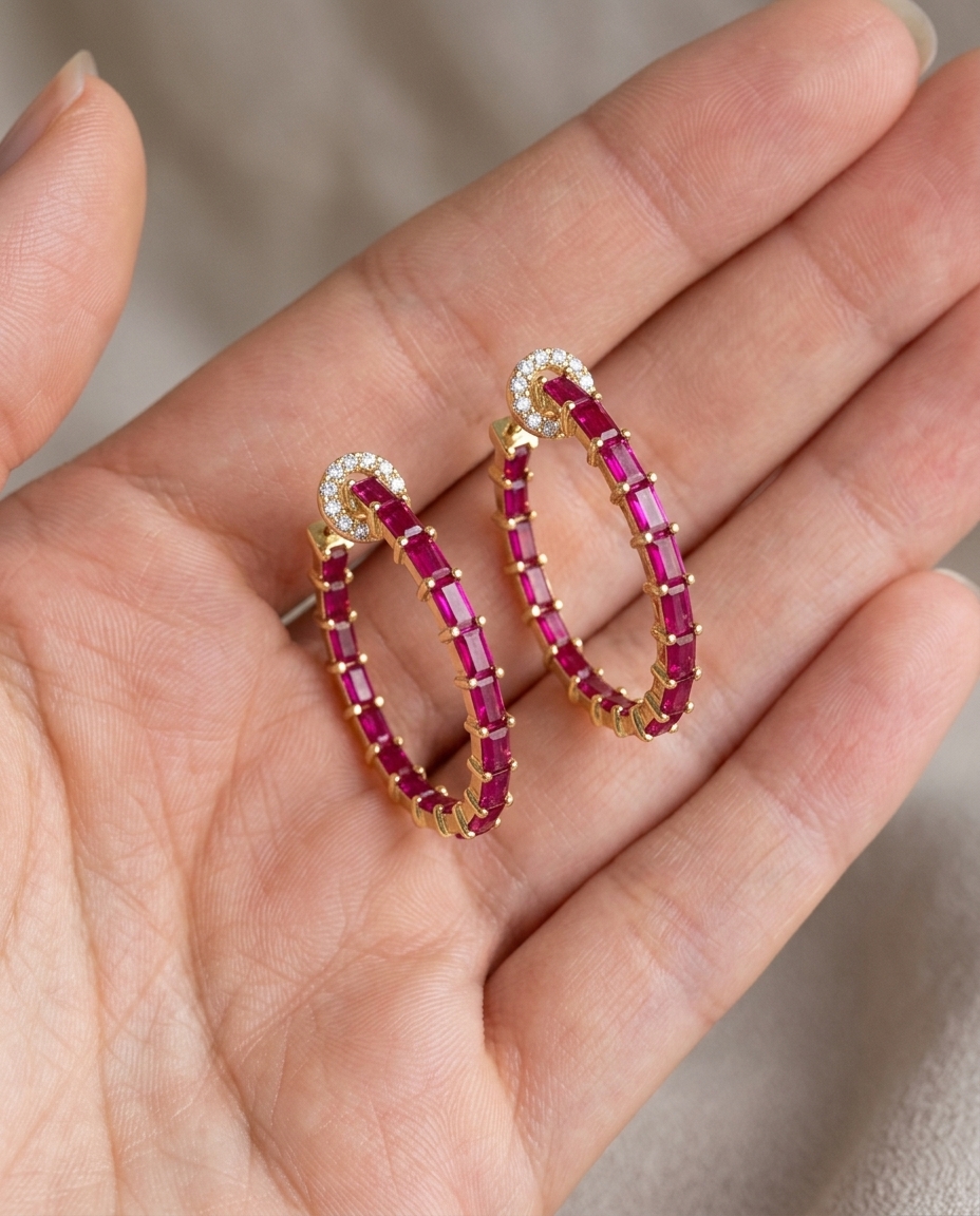 14KT Yellow Gold Ruby and Diamonds Hoop Earing on model