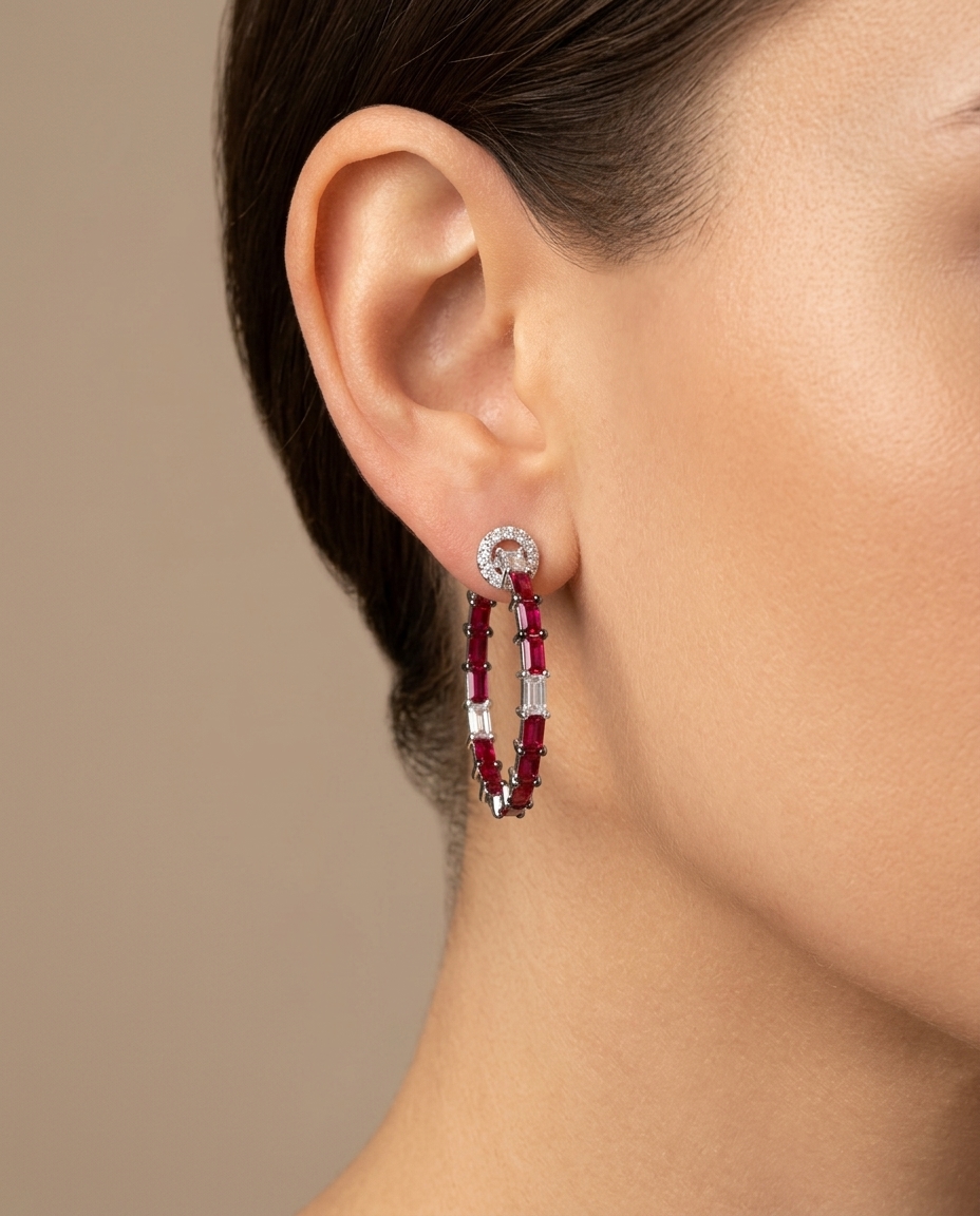 14KT White Gold Ruby and Diamonds Hoop Earing on model
