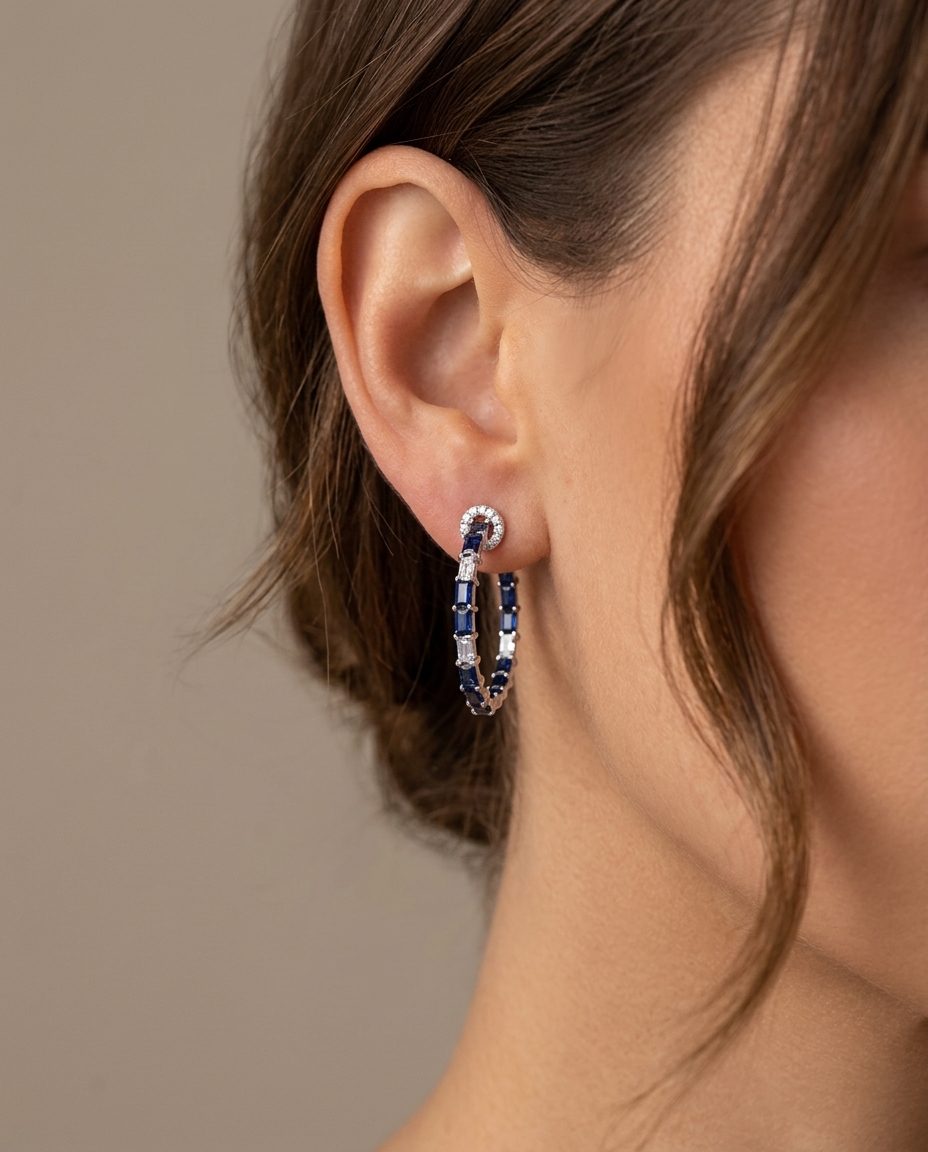 14KT White Gold Sapphire and Diamonds Hoop Earing on model