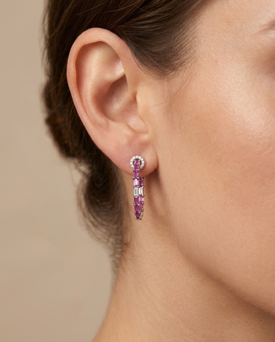 14KT White Gold Pink Sapphire and Diamonds Hoop Earing on model