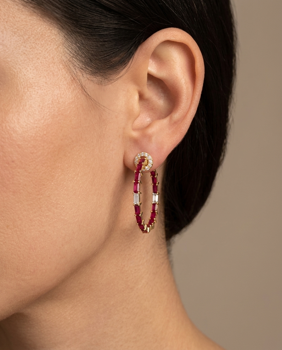 14KT Yellow Gold Ruby and Diamonds Hoop Earing on model