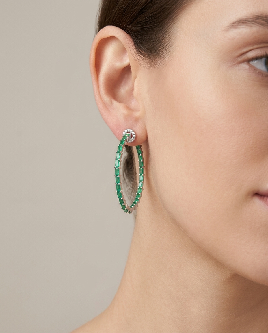 14KT White Gold Emerald and Diamonds Hoop Earing on model