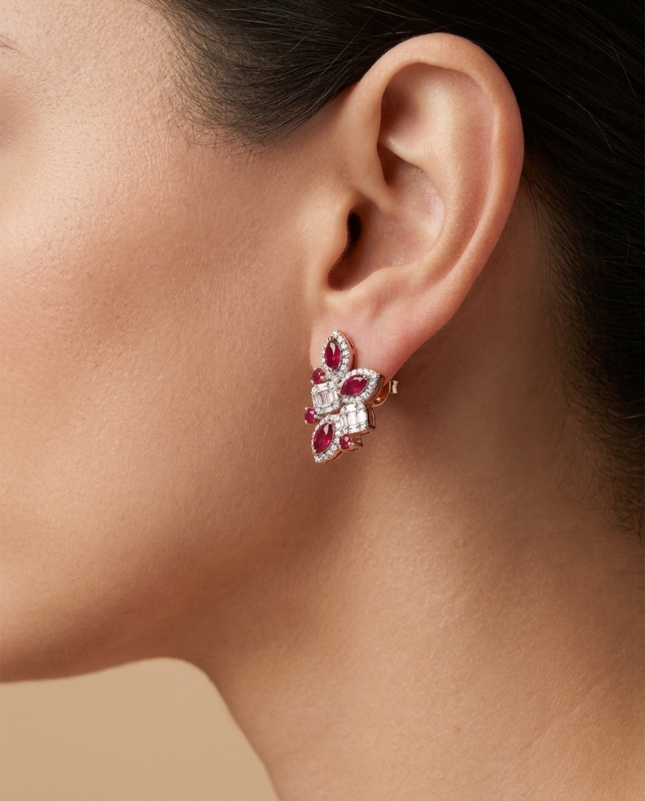 18KT Rose Gold Ruby and Diamonds Earring on model
