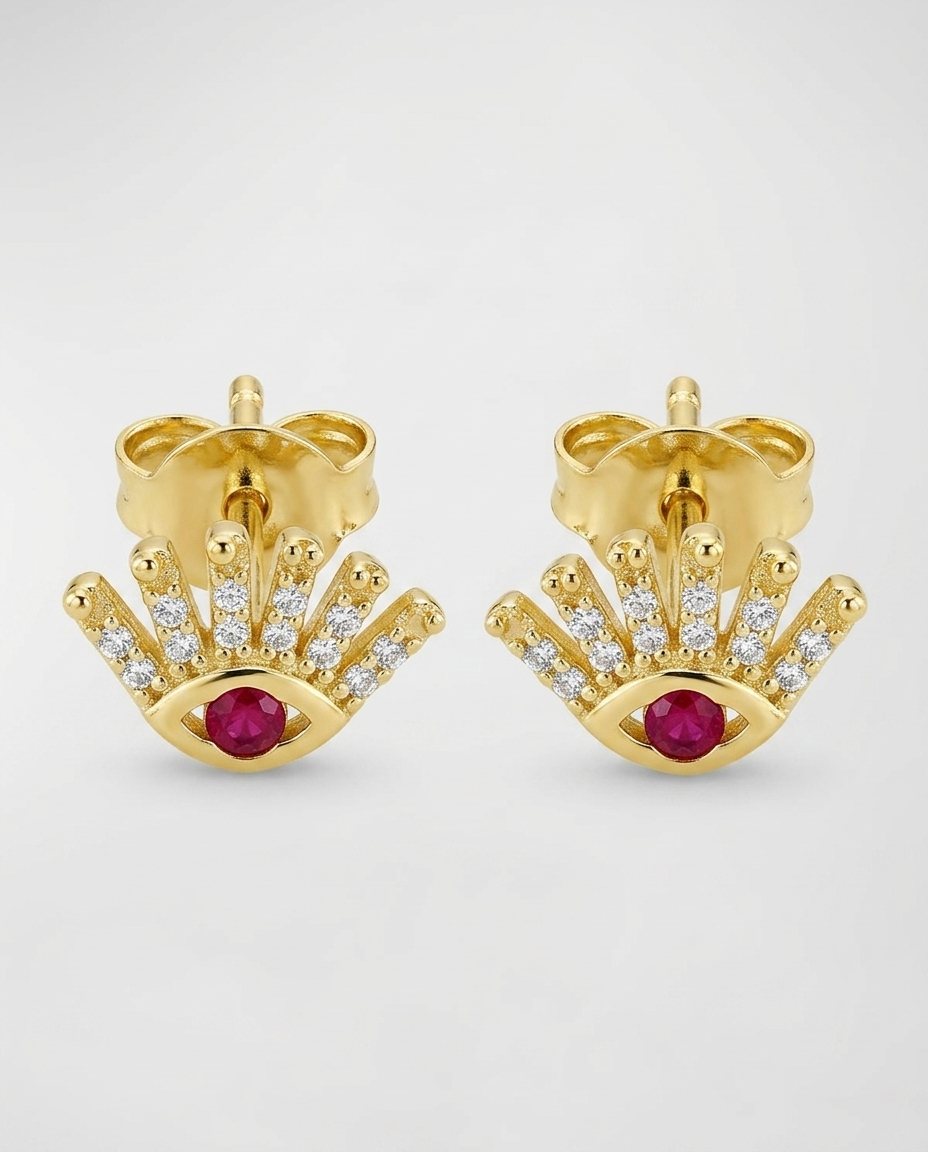 14KT Yellow Gold Ruby and Diamonds Evil Eye Earring on model