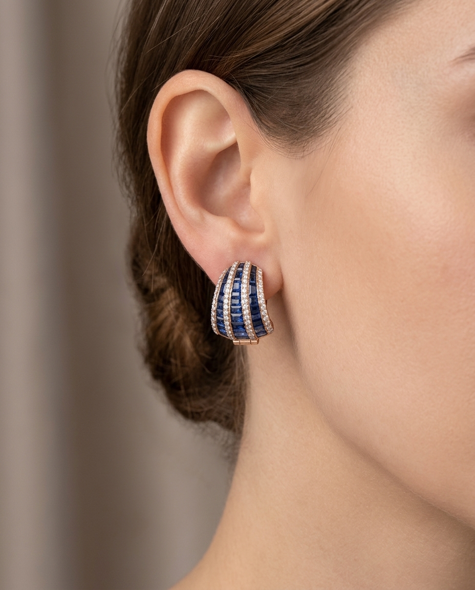 18KT Rose Gold Sapphire and Diamonds Earring on model