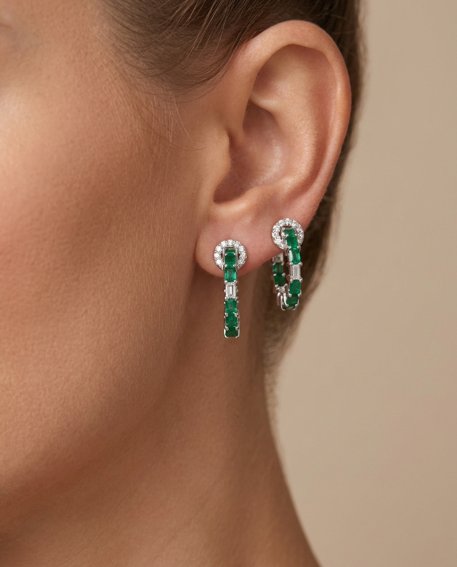 18KT White Gold Emerald and Diamonds Hoop Earring on model