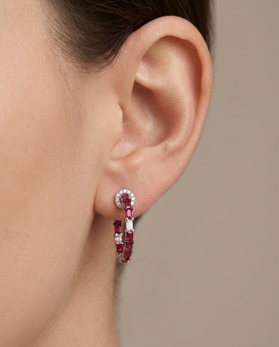 14KT White Gold Ruby and Diamonds Hoop Earing on model