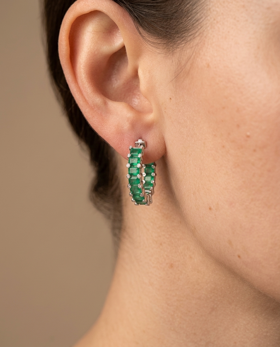 18KT White Gold Emerald and Diamond Hoop Earring on model