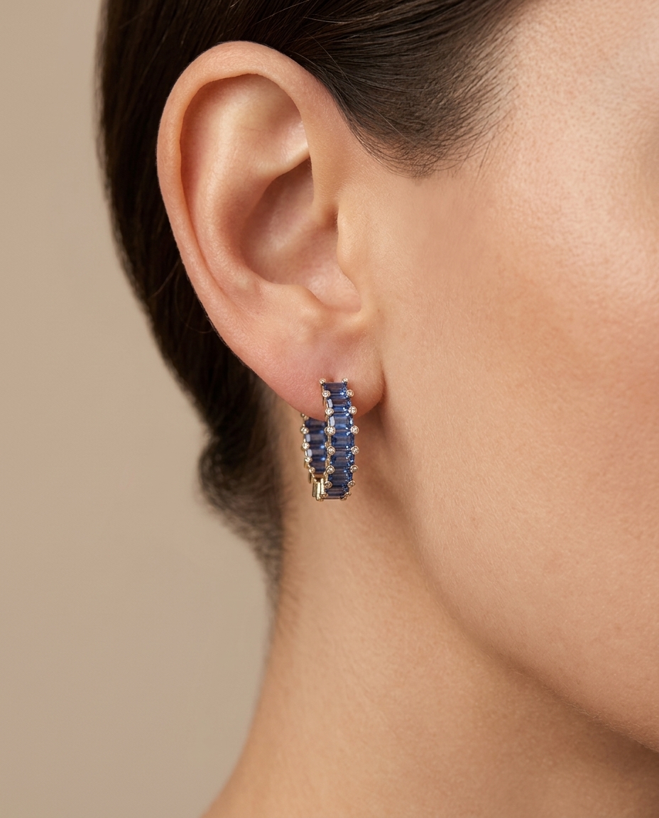 18KT Yellow Gold Sapphire and Diamond Hoop Earring on model