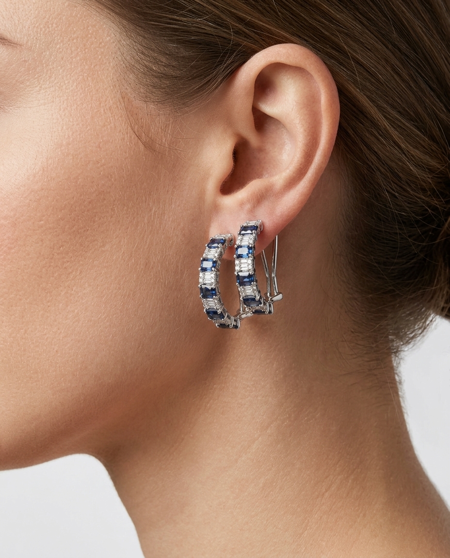 18KT Gold Blue Sapphire and Diamonds Earring on model