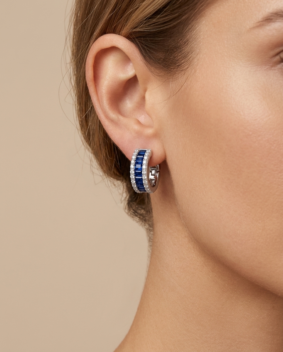 18KT White Gold Blue Sapphire and Diamond Earring on model