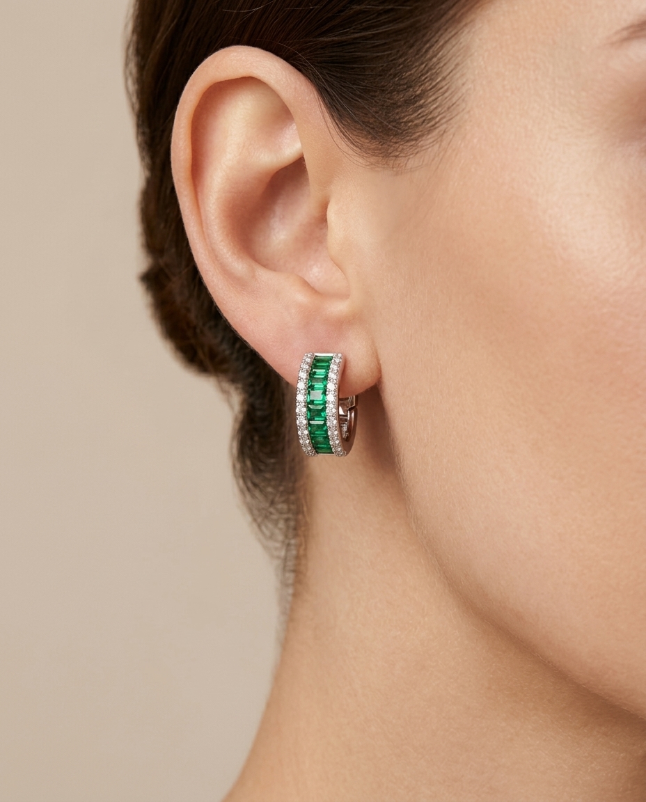 18K White Gold Emerald and Diamond Earring on model