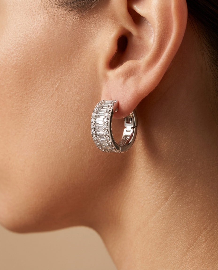 18K White Gold Diamond Earring on model