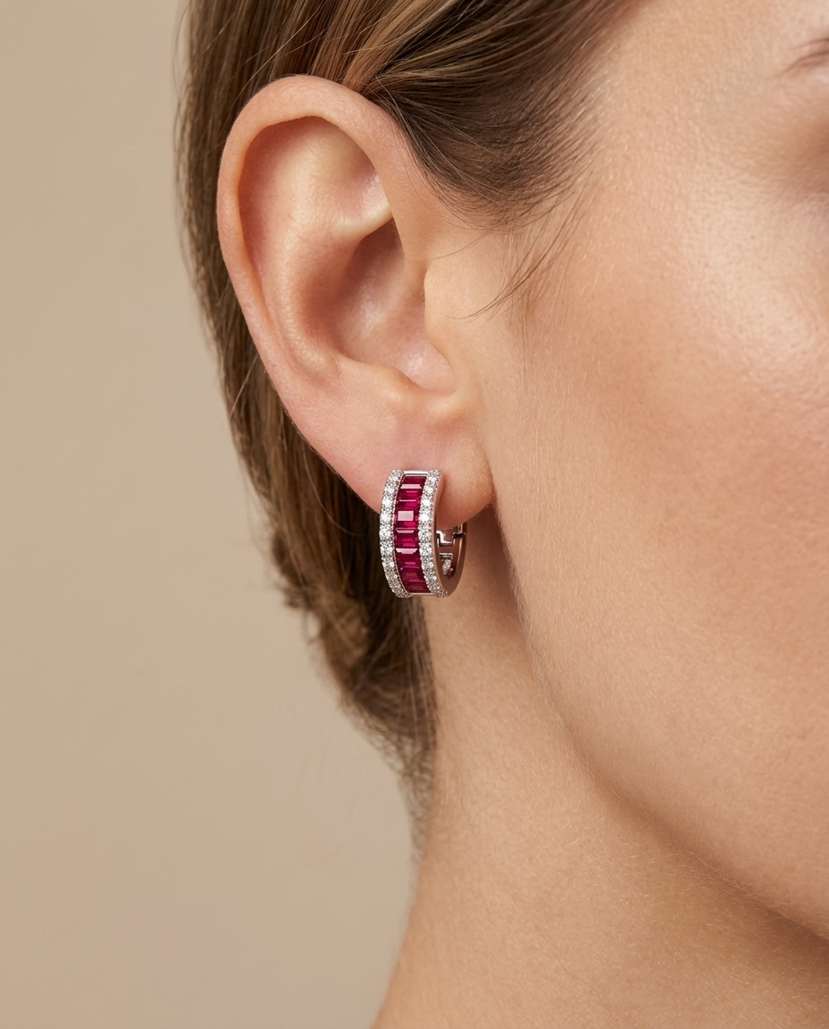 18K White Gold Ruby and Diamond Earrings on model