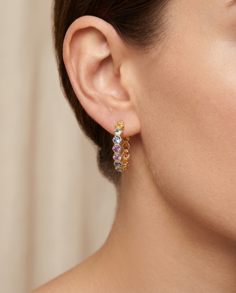 14KT Yellow Gold Multi Sapphire Hoop Earring on model