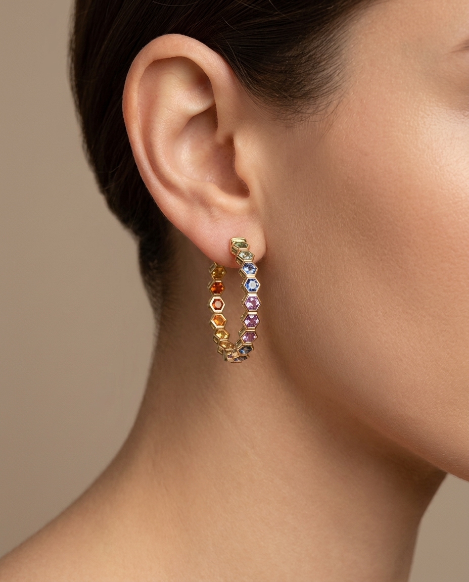 14KT Yellow Gold Multi Sapphire Hoop Earring on model