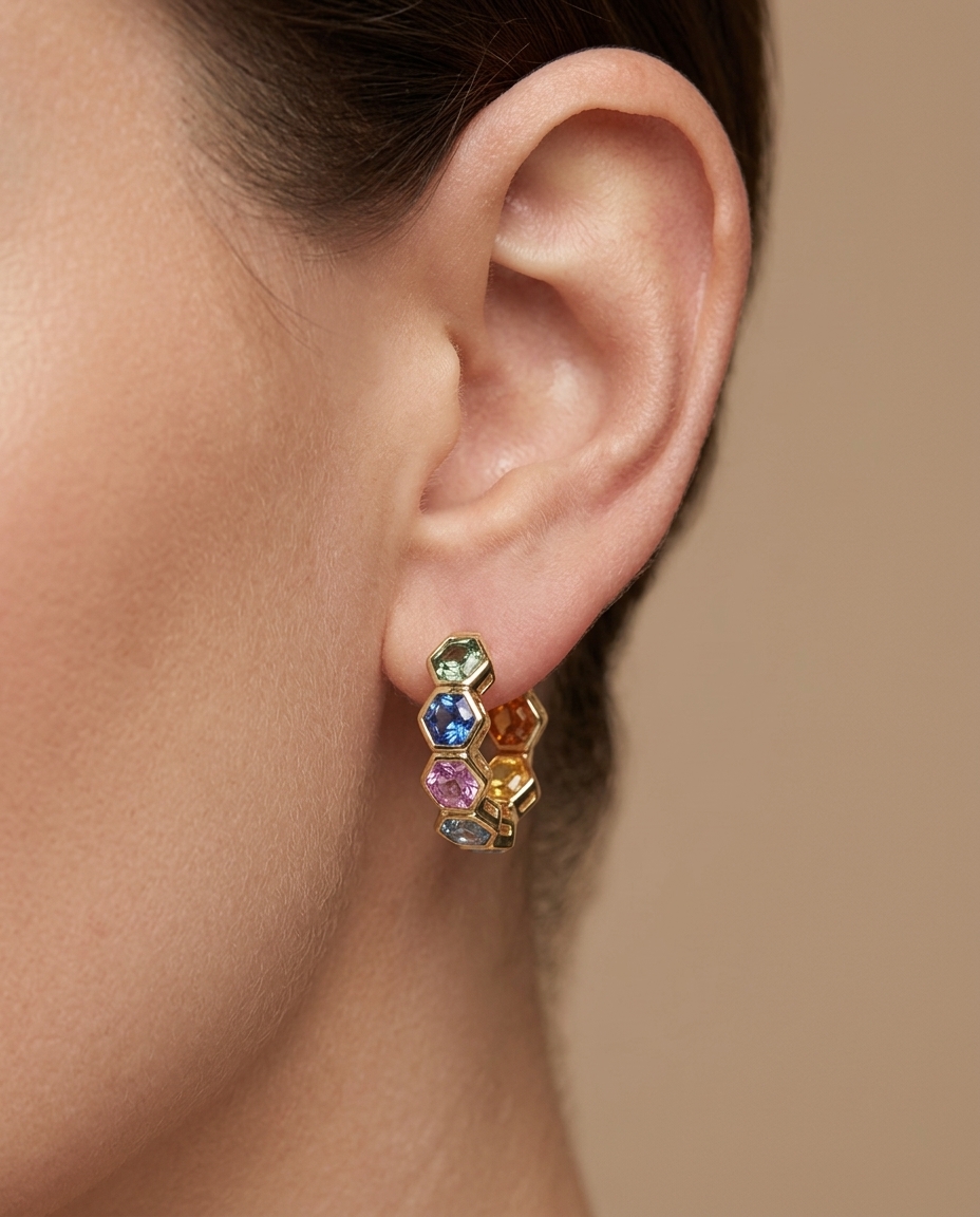 14KT Gold Multi Sapphire Hoop Earring (15 MM) on model