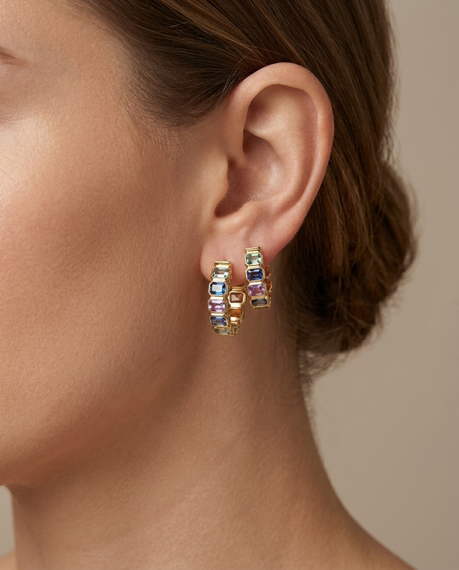 14KT Gold Multi Sapphire Hoop Earring (20 MM) on model