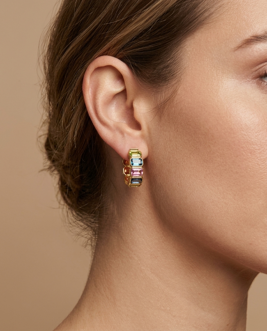 14KT Gold Multi Sapphire Hoop Earring (20 MM) on model