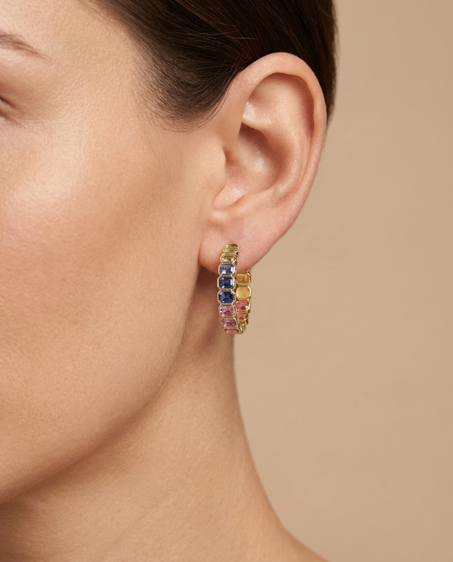 14KT Yellow Gold Multi Sapphire Hoop Earring (26 MM) on model