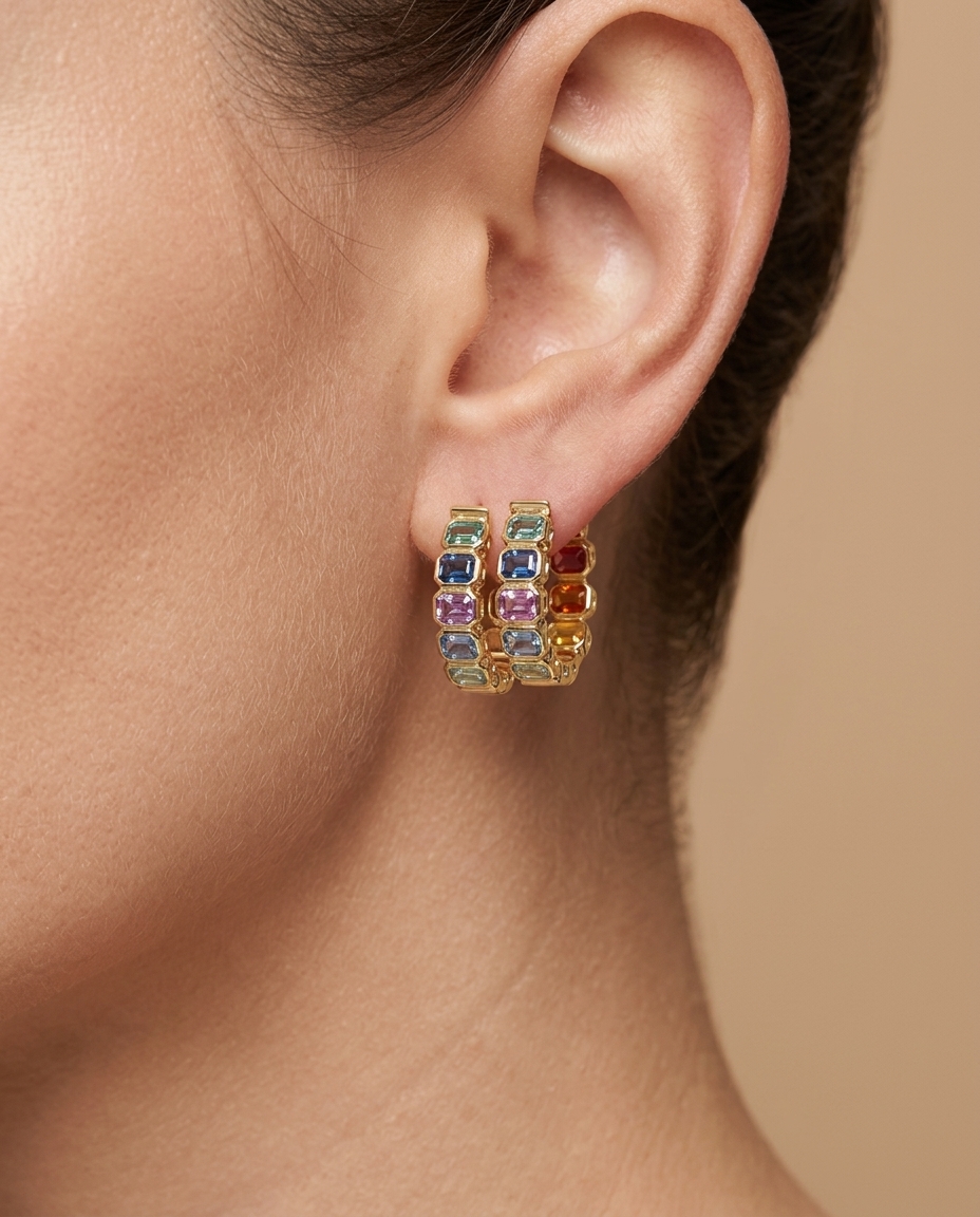 14KT Gold Multi Sapphire Hoop Earring (15 MM) on model