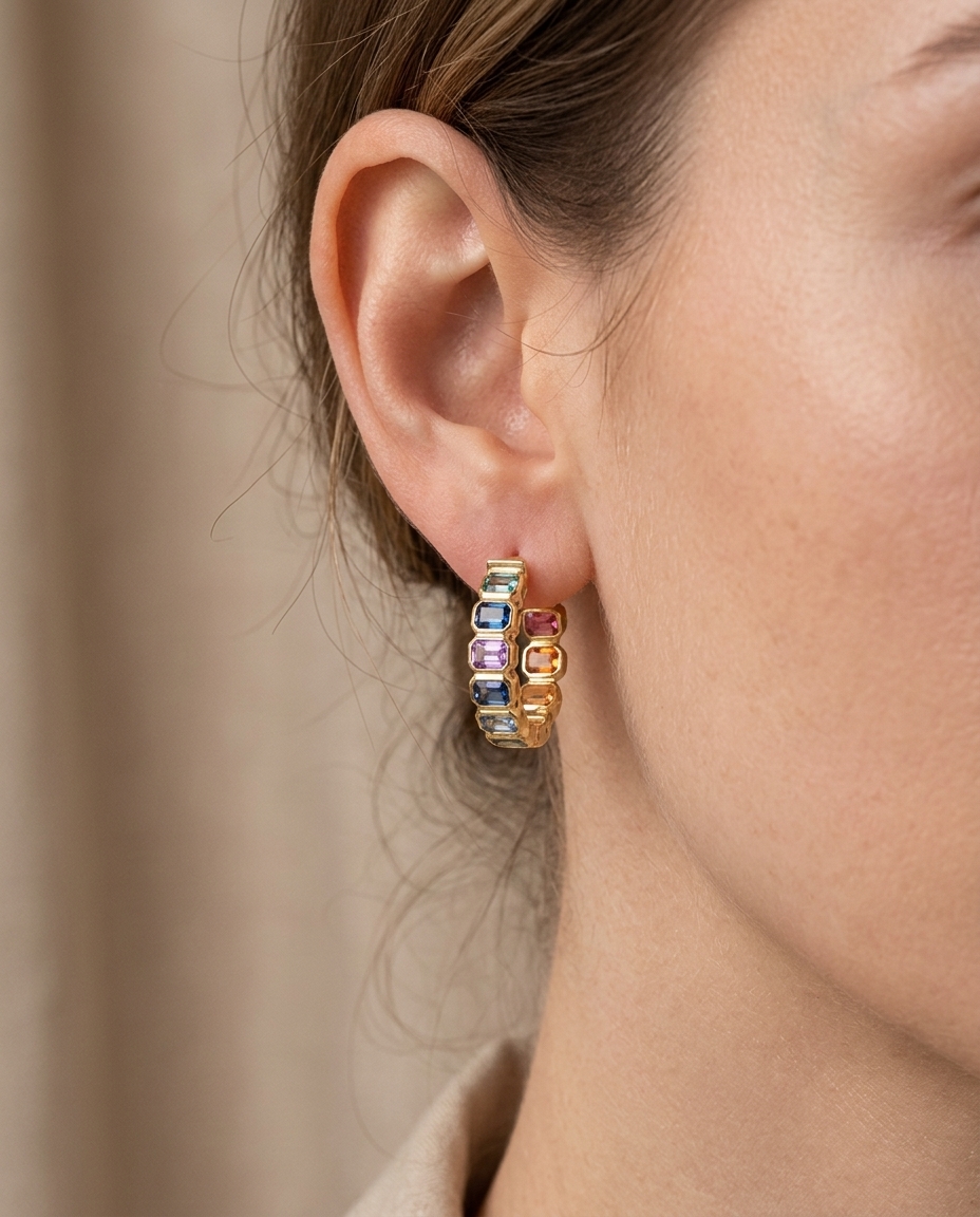14KT Gold Multi Sapphire Hoop Earring (15 MM) on model