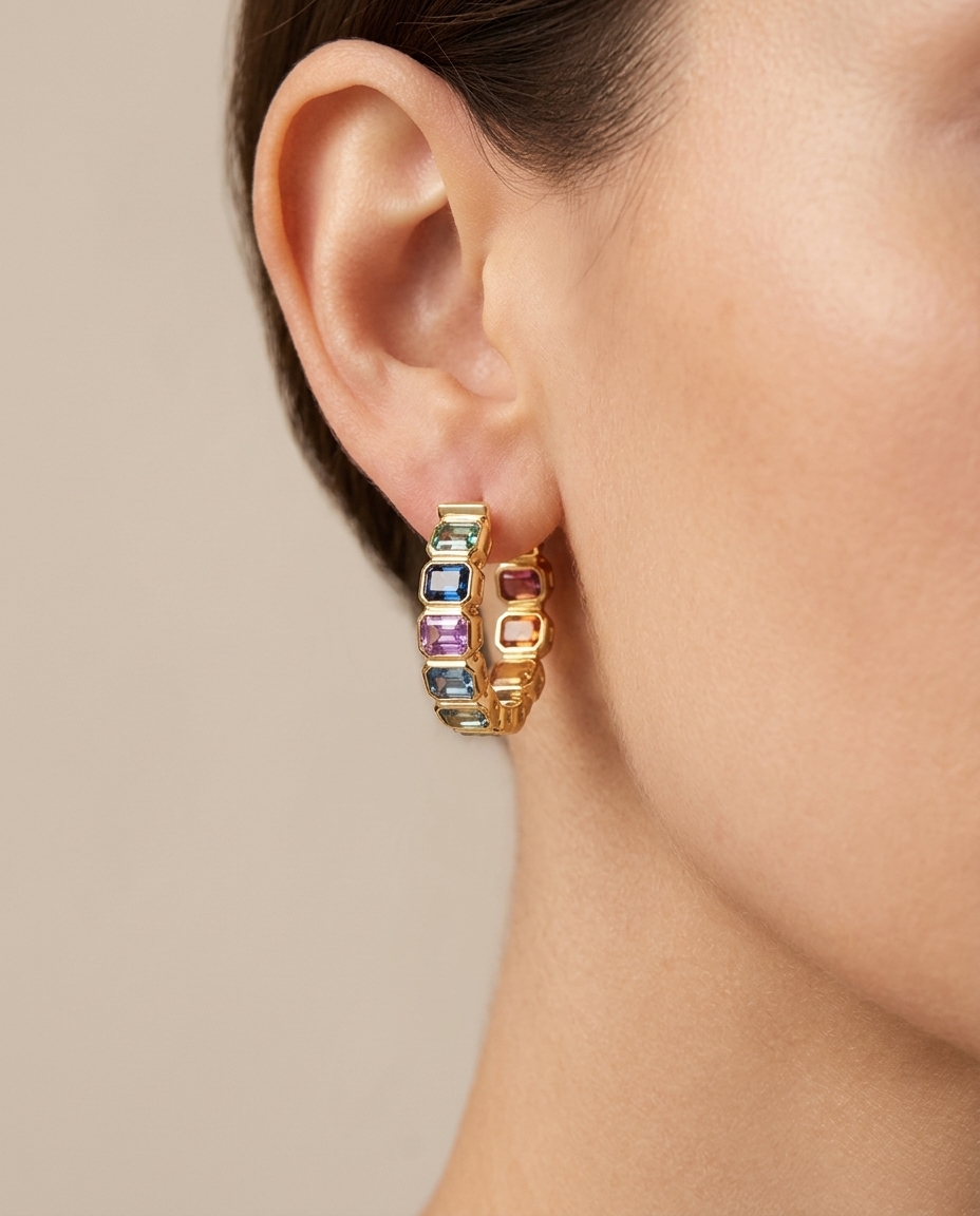 14KT Gold Multi Sapphire Hoop Earring (20 MM) on model