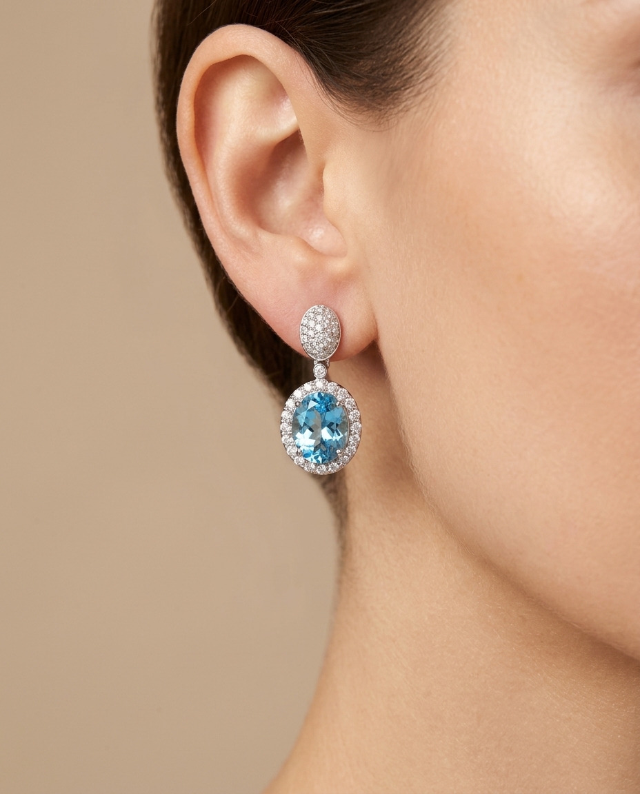 14KT White Gold Aquamarine and Diamonds Earring on model