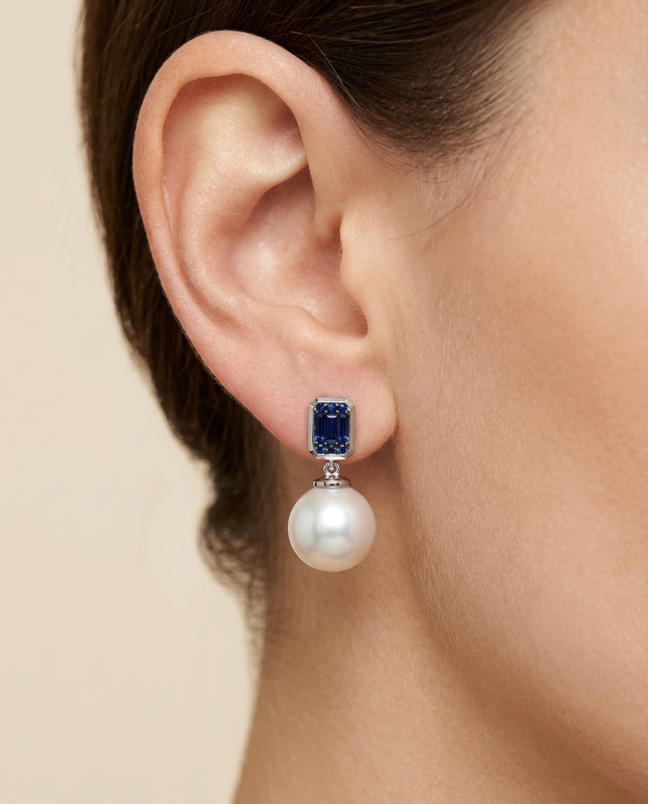 14KT White Gold Fresh Water Pearl and Blue Sapphire Earring on model