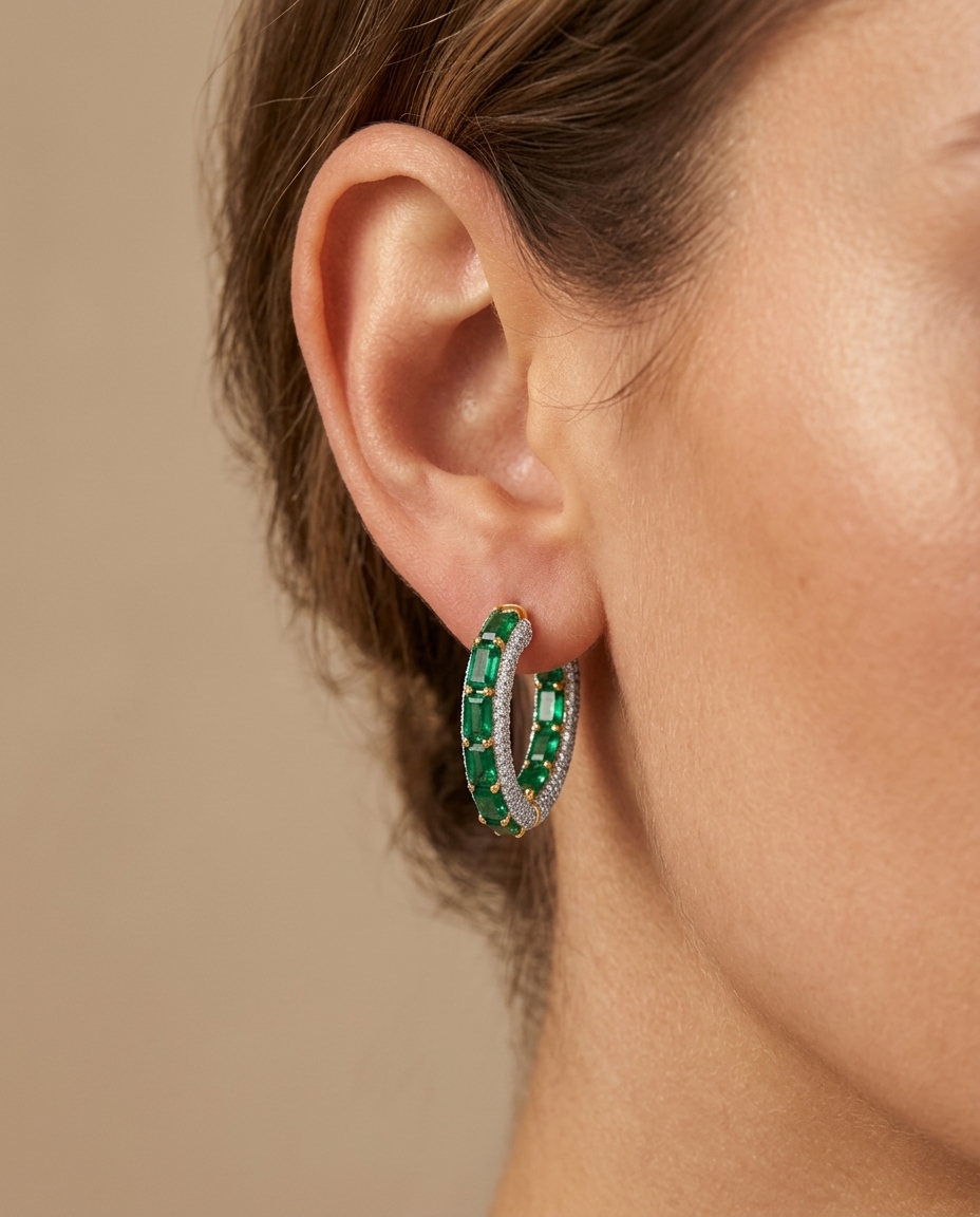 14KT Yellow Gold Emerald and Diamonds Hoop Earring on model