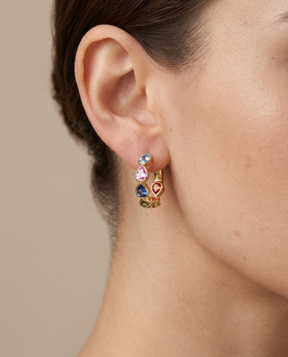 14KT Yellow Gold Multi Sapphire Pear Hoop Earring (20 MM) on model
