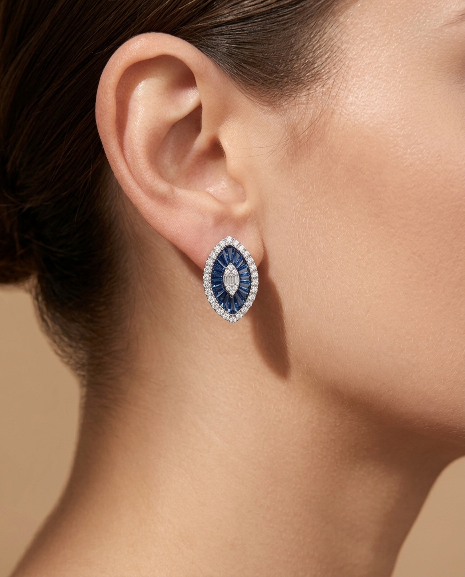 14KT White Gold Blue Sapphire and Diamonds Marquise Earring on model
