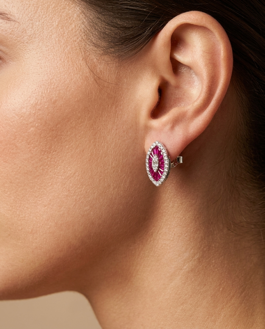 14KT White Gold Ruby and Diamonds Marquise Earring on model