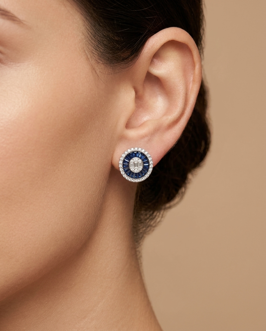 14KT White Gold Blue Sapphire and Diamonds Round Earings on model