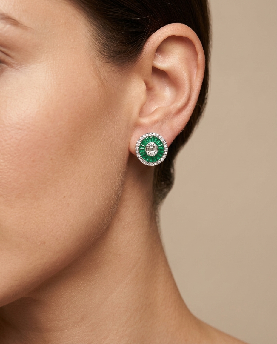 14KT White Gold Emerald and Diamonds Round Earings on model