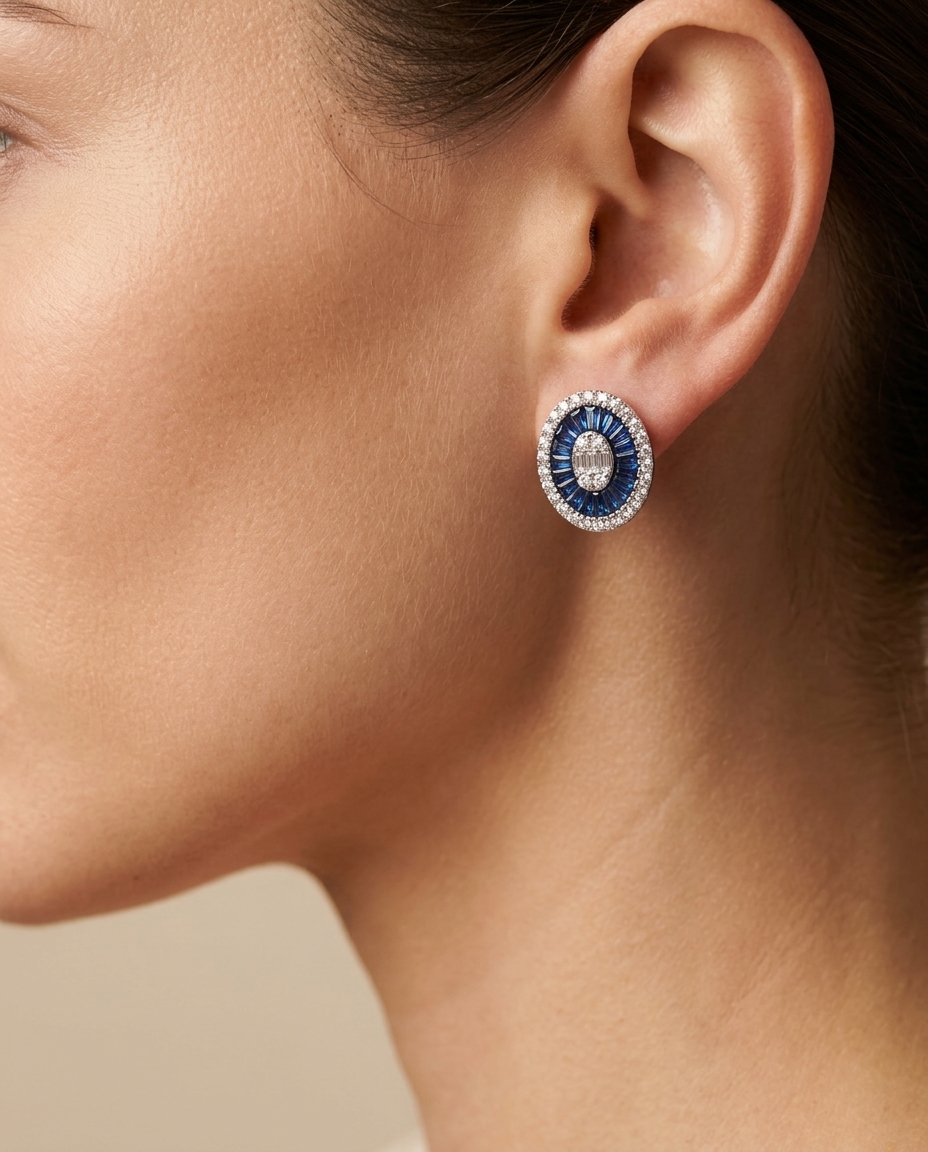 14KT White Gold Blue Sapphire and Diamonds Oval Earings on model