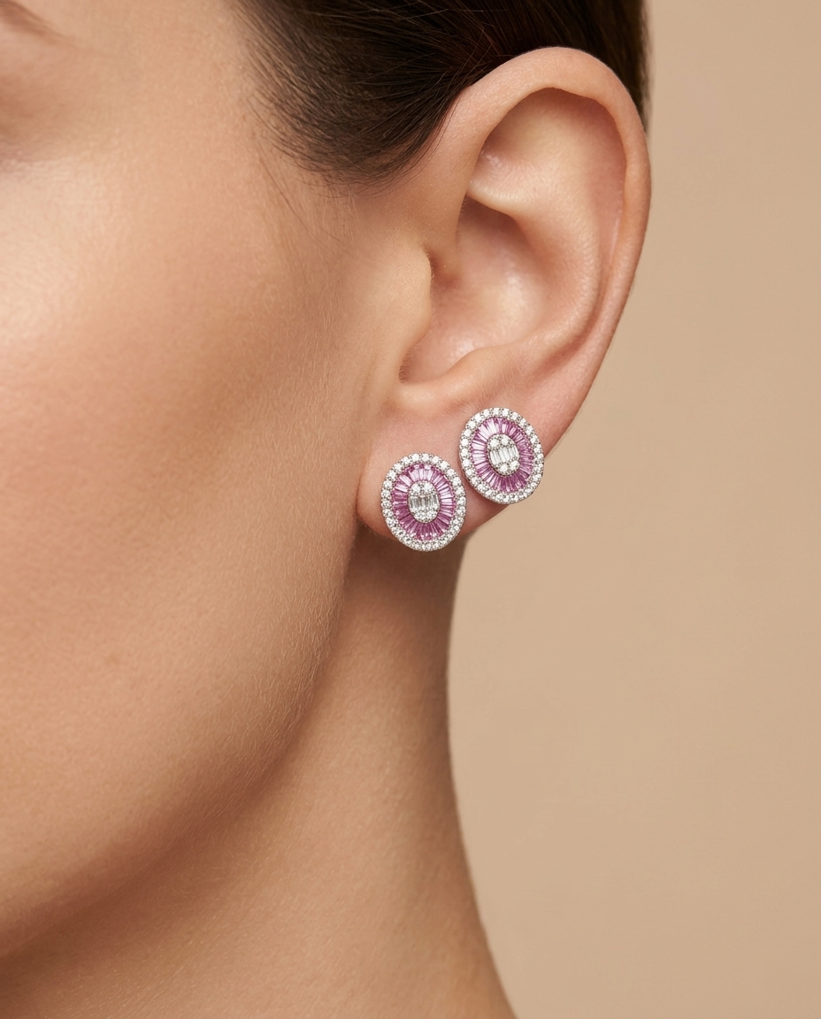 14KT White Gold Pink Sapphire and Diamonds Oval Earings on model
